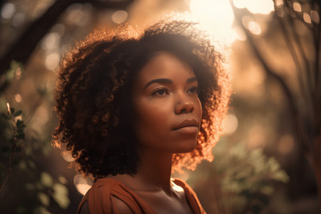 Beautiful african american woman with afro hairstyle in the forestの素材