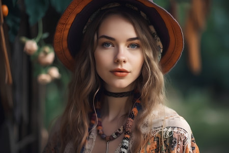 Beautiful young woman in hat outdoor portrait. Beauty, fashion.の素材