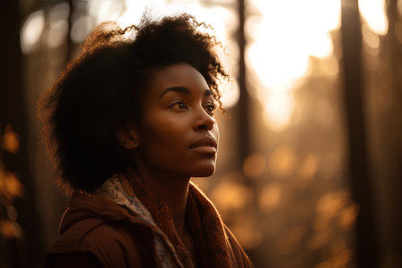 Portrait of a beautiful african american woman in autumn forestの素材