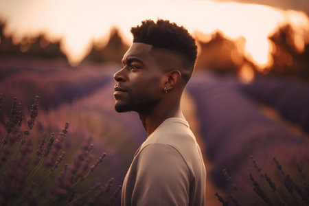 Young african american man in lavender field at sunset.の素材