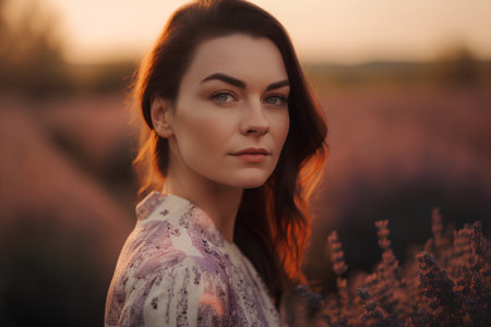 Portrait of beautiful young woman in lavender field at sunset.の素材