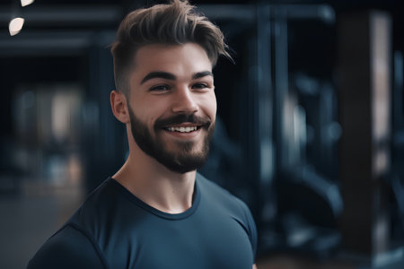 Portrait of handsome young man in sportswear looking at camera and smiling while standing in gymの素材