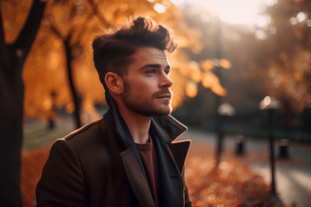 Portrait of a handsome young man in the autumn park. Men's beauty, fashion.の素材