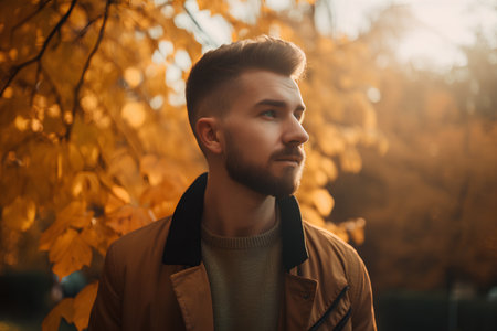 Portrait of a young handsome man in autumn park. Men's beauty, fashion.の素材