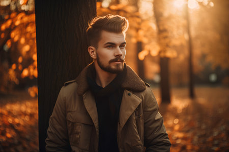 Portrait of a handsome young man in the autumn park. Men's beauty, fashion.の素材