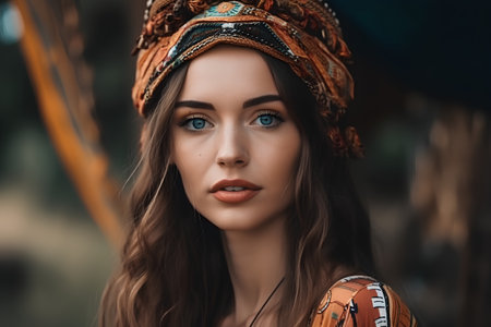 Portrait of a beautiful girl in a turban on her headの素材