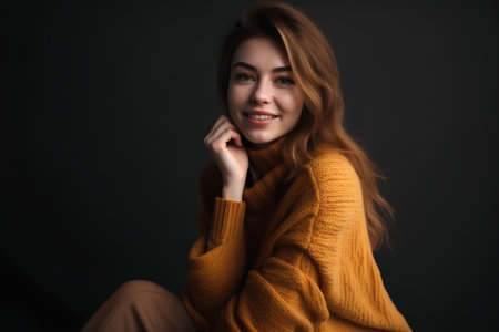 Portrait of a beautiful young woman in a yellow sweater on a dark backgroundの素材