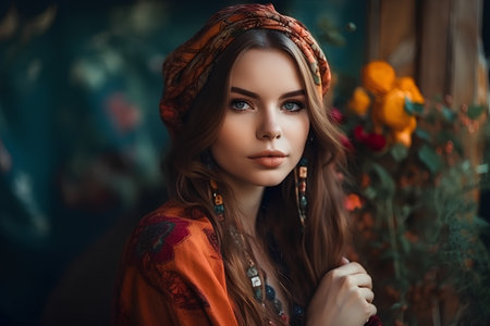 Portrait of a beautiful young hippie woman in a colorful shawlの素材