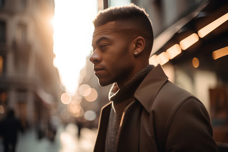 Handsome african american man in beige coat walking in the cityの素材