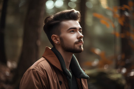 Portrait of a handsome young man in the autumn forest. Men's beauty, fashion.の素材