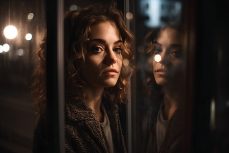 Portrait of beautiful young woman looking through a window at night.の素材