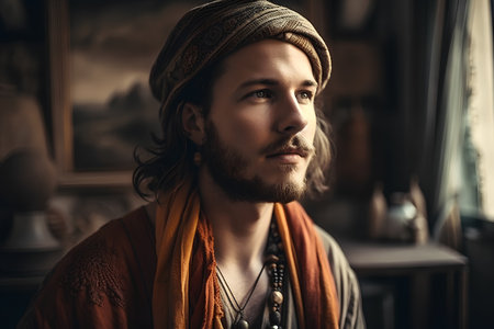 Portrait of a handsome man in a turban and scarf. Men's beauty, fashion.の素材