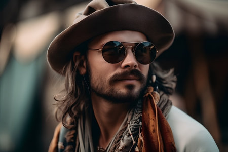 Portrait of a handsome man in hat and sunglasses. Men's fashion.の素材
