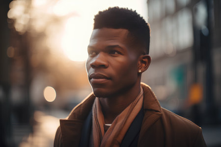 Handsome african american man in the city at sunsetの素材
