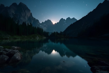 Beautiful night landscape with mountain lake and reflection in water, Italyの素材