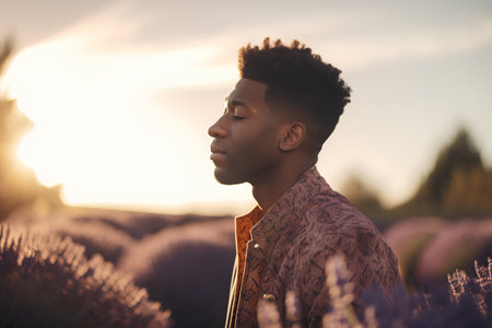 Young african american man in lavender field at sunset.の素材