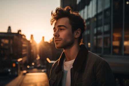 Attractive young man in casual clothes looking away while standing in the city at sunsetの素材