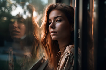 Portrait of a beautiful young woman with long hair looking through the windowの素材