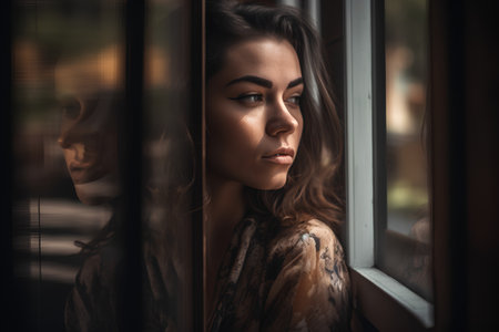 Portrait of young beautiful woman looking through the window at home.の素材