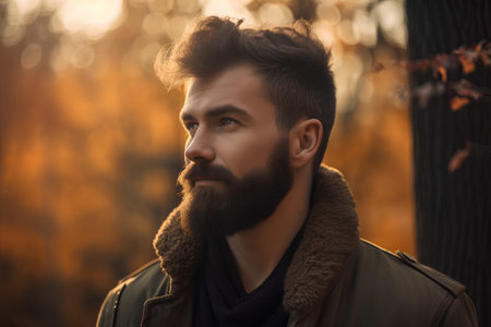 Portrait of a handsome young man with a long beard in a brown jacket in the autumn forestの素材