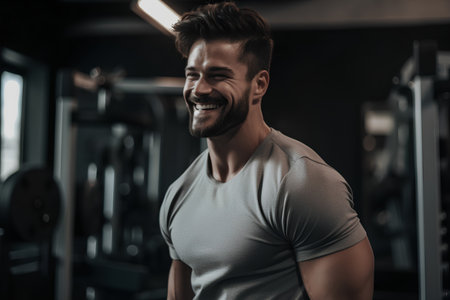 Handsome Young Man Standing Strong In The Gym And Flexing Muscles - Muscular Athletic Bodybuilder Fitness Modelの素材