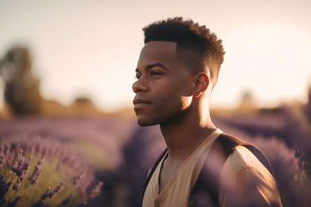 Young african american man in lavender field at sunset.の素材