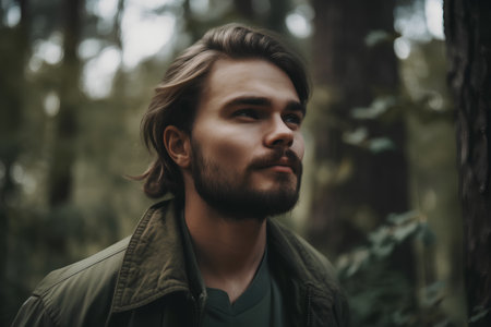 Photo pour Portrait of a handsome young man with a beard in the forest - image libre de droit