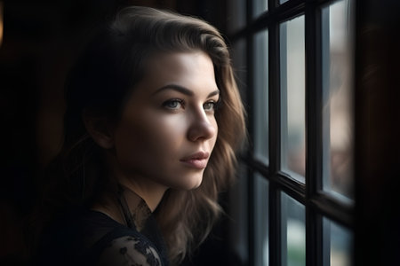 Portrait of a beautiful young woman in black lingerie looking through the windowの素材