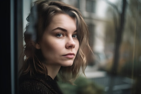 Portrait of a beautiful young woman on the street looking through the windowの素材