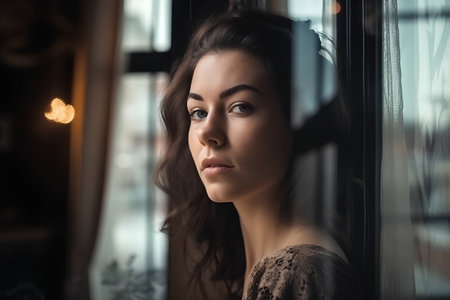 Portrait of beautiful young woman looking through the window at home.の素材