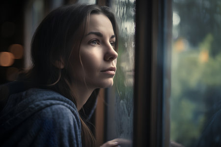 Young woman looking out of the window in a cafe. Close-up portraitの素材