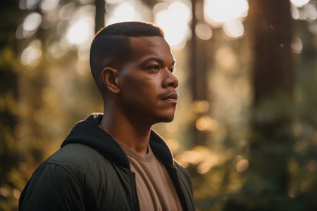 Portrait of a young african american man in the forestの素材