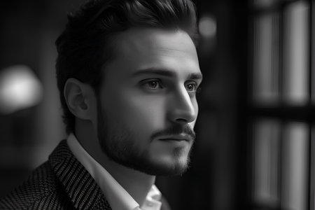 Portrait of a handsome young man with a beard. Black and white photo.の素材