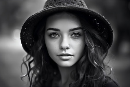 Closeup portrait of beautiful young woman in hat. Black and whiteの素材