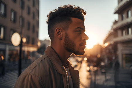 Portrait of handsome african american man with curly hair looking away while standing outdoorsの素材