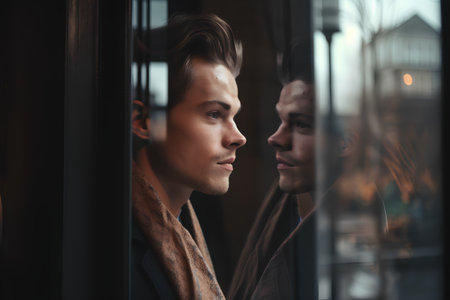 Portrait of young handsome man looking through the window in the cityの素材