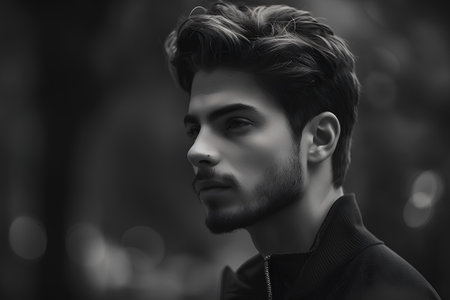 Portrait of a handsome young man in the park. Men's beauty, fashion.の素材