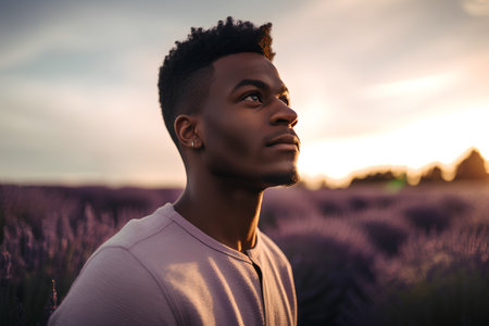 Handsome african american man in lavender field at sunsetの素材