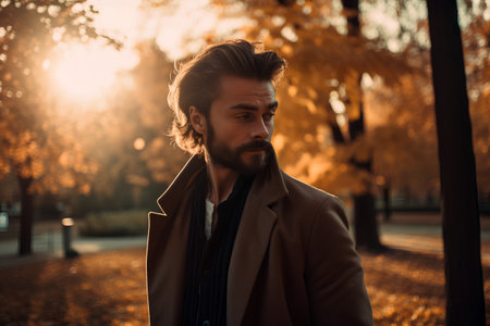 Handsome young man in coat walking in autumn park at sunset.の素材