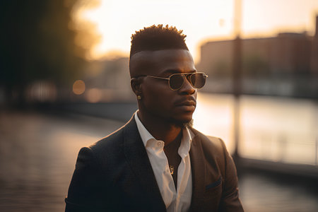 Portrait of handsome african american man in sunglasses at sunsetの素材
