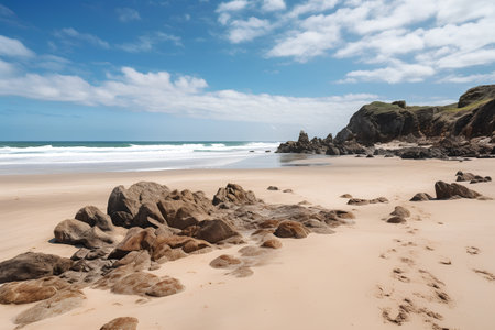 Beautiful sandy beach with big rocks and blue sky in the backgroundの素材