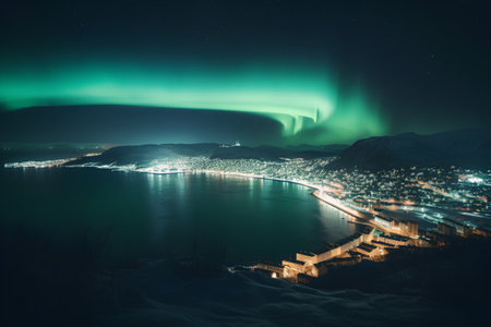 Aurora borealis over Reykjavik, Iceland.の素材