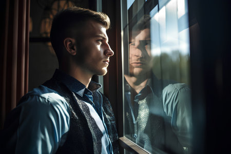 Side view portrait of a handsome young man looking through the window.の素材