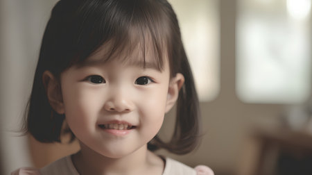 Portrait of cute little asian girl smiling and looking at cameraの素材