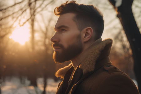 Portrait of a handsome bearded man in a brown coat in the winter forest.の素材