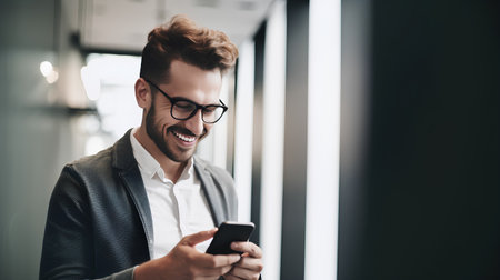 Portrait of a smiling young businessman using mobile phone while standing in officeの素材