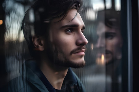 Portrait of a young man in front of a window in the rainの素材