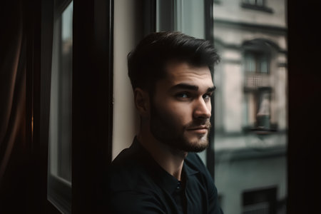 Portrait of a handsome young man standing near the window and looking awayの素材
