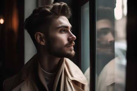 Handsome young man in beige coat standing by the windowの素材