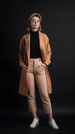 stylish woman in beige coat and beret on black backgroundの素材